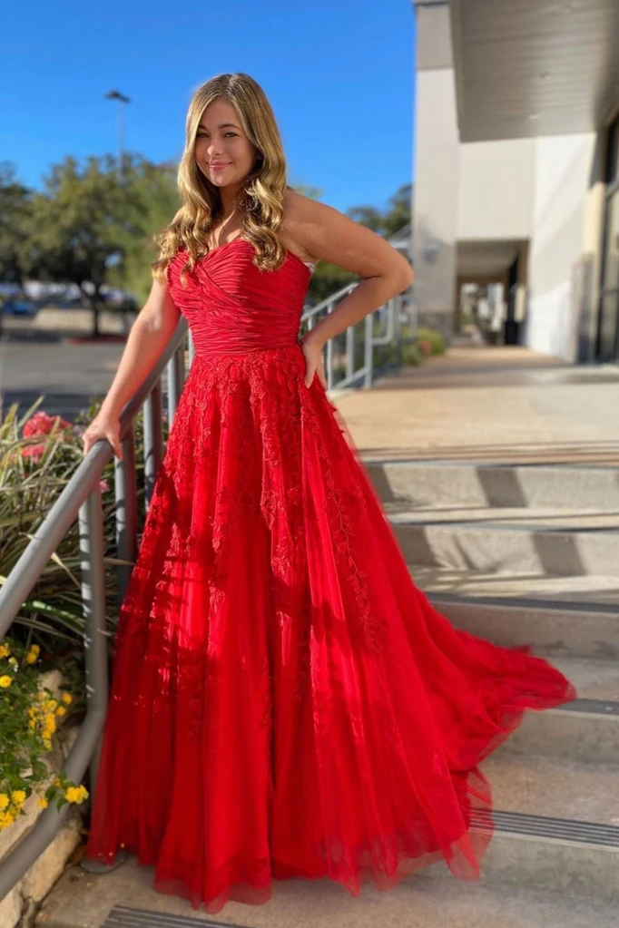 RED SWEETHEART NECK TULLE LACE LONG PROM DRESS RED FORMAL DRESS cg21804