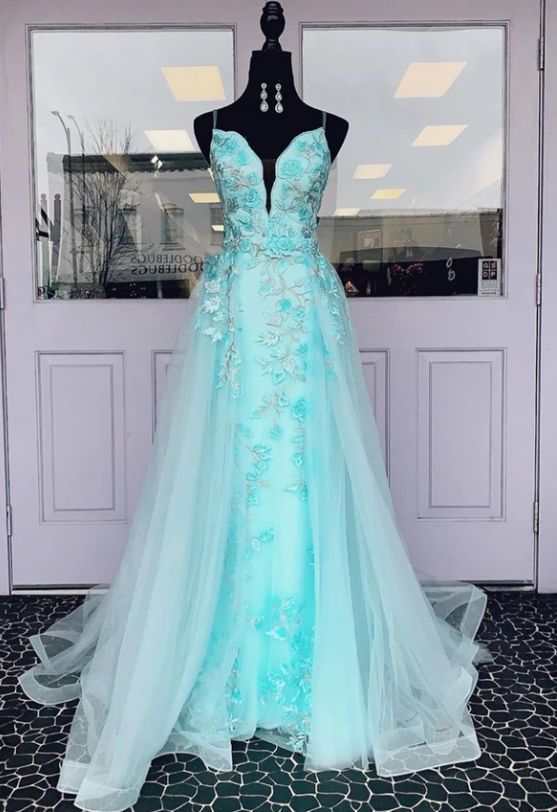 Blue tulle lace long prom dress evening dress cg21808
