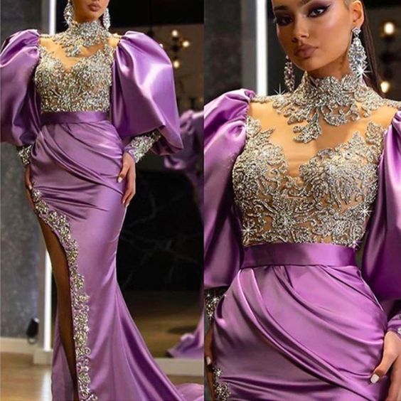 high neck long sleeve beading crystal side slit beaded evening dresses gowns long prom dress cg21809