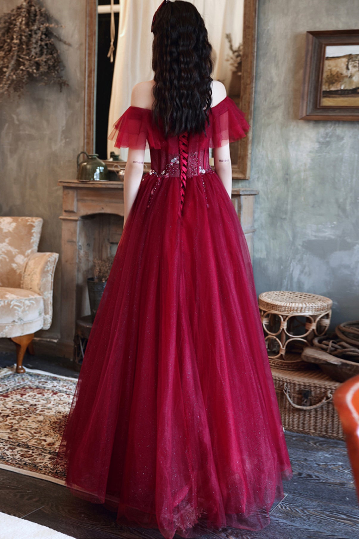 BURGUNDY TULLE LONG A LINE PROM DRESS EVENING DRESS cg21815