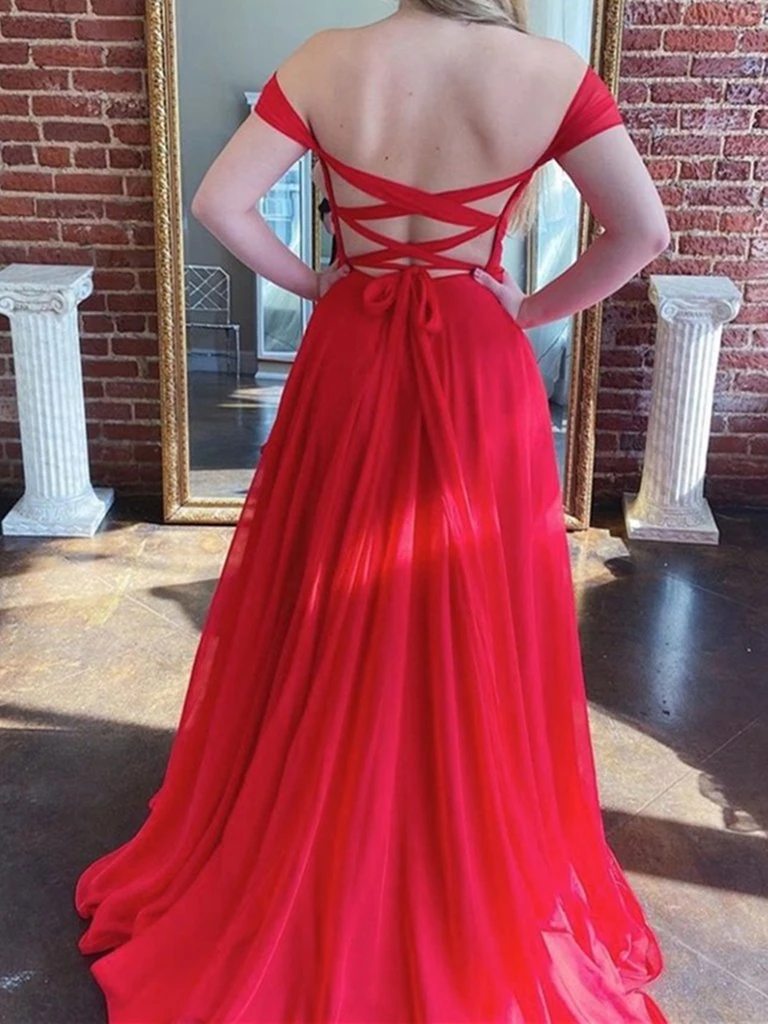 Off Shoulder Open Back Red Long Prom Dresses with High Slit cg21826