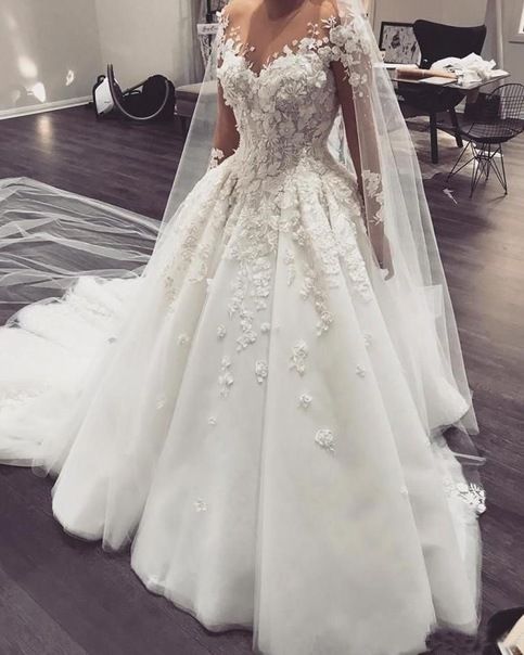 Sheer Neck Wedding Dresses Bridal Gown with Flowers prom Dress cg21843
