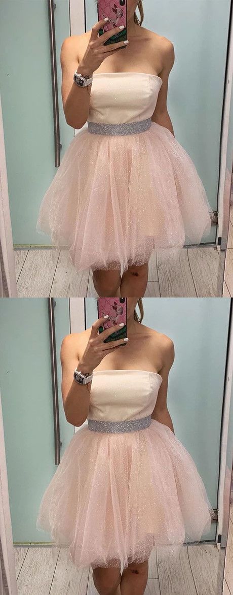 A-line Strapless Pink Tulle Short Dress Pink Tulle Homecoming Dress cg21848