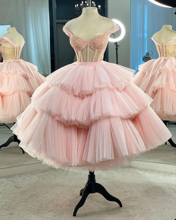A-line Pink Tulle Short Dress Pink Tulle Homecoming Dress cg21849