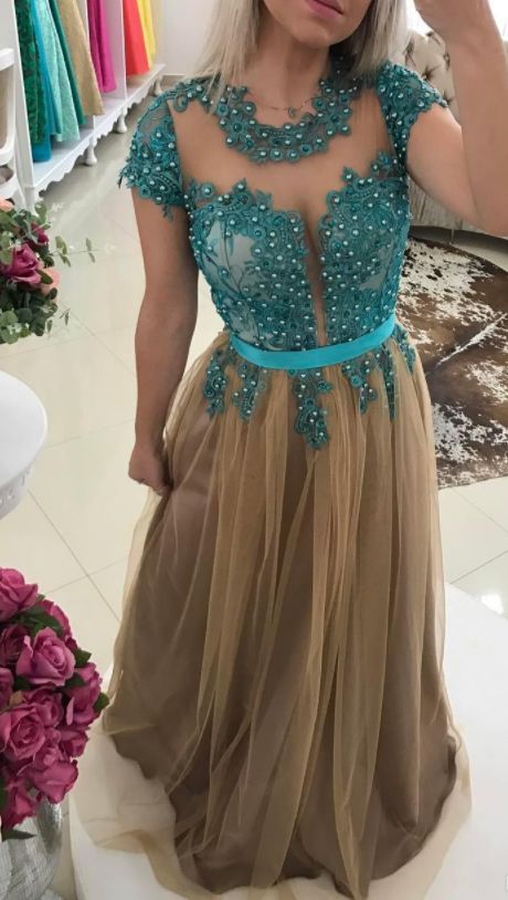Champagne Lace Pearls Evening Dresses Cap Sleeves A-line Tulle Prom Dresses Cheap Sexy Formal Party Bridesmaid Gowns cg21873