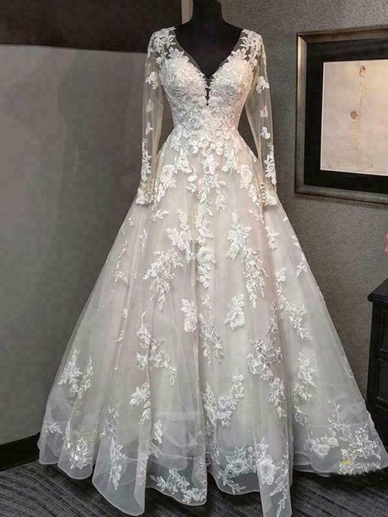 Long Sleeve V Neck A Line Wedding Dresses Backless Lace Appliques Bridal Gowns prom dress cg21878