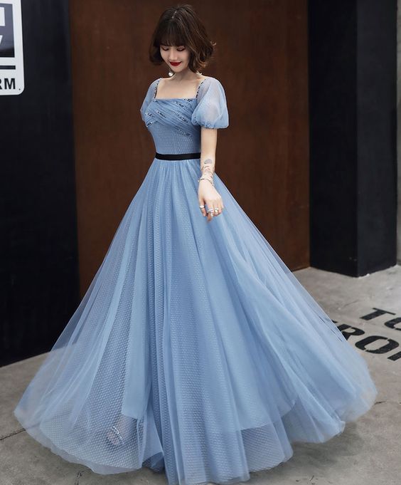 Elegant Blue Tulle Long Ball Gown prom Dress Evening Dress cg21894