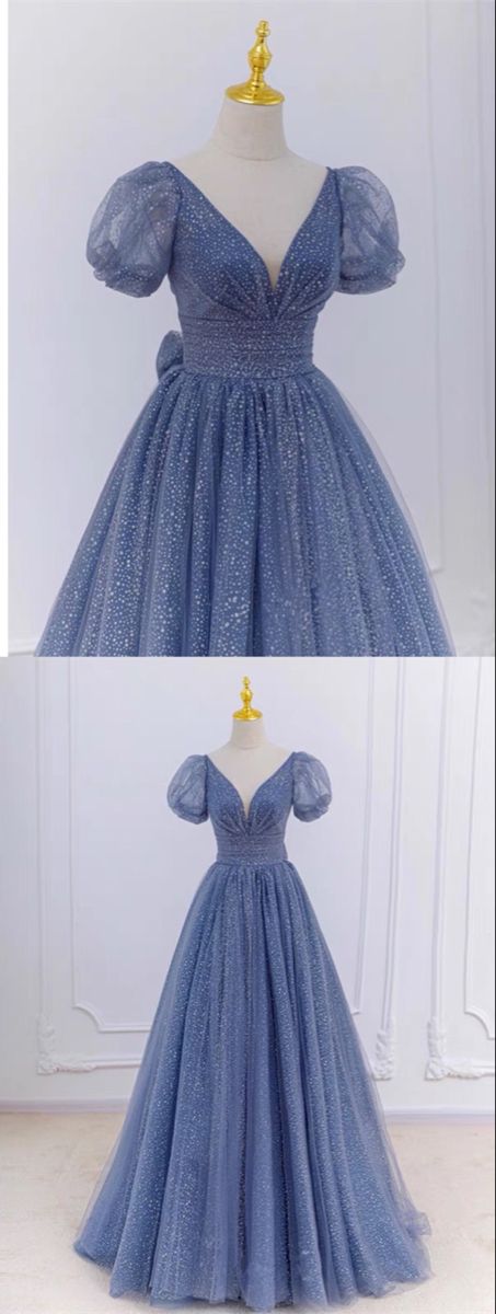 Dusty blue prom dresses sparkles princess ball gown with sleeves cg21903