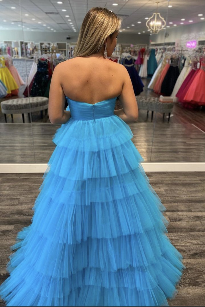 Blue tulle long A line prom dress blue evening dress cg21913