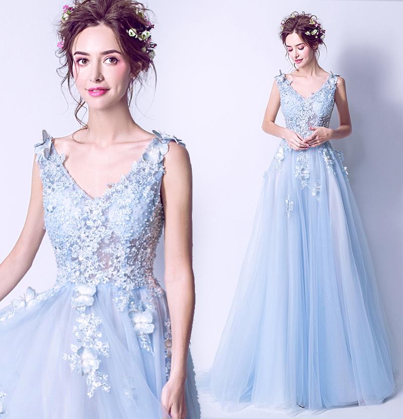 Light Blue Tulle Beaded Flowers V-Neckline Prom Dress, Long Blue Party Dress Evening Dress cg21916