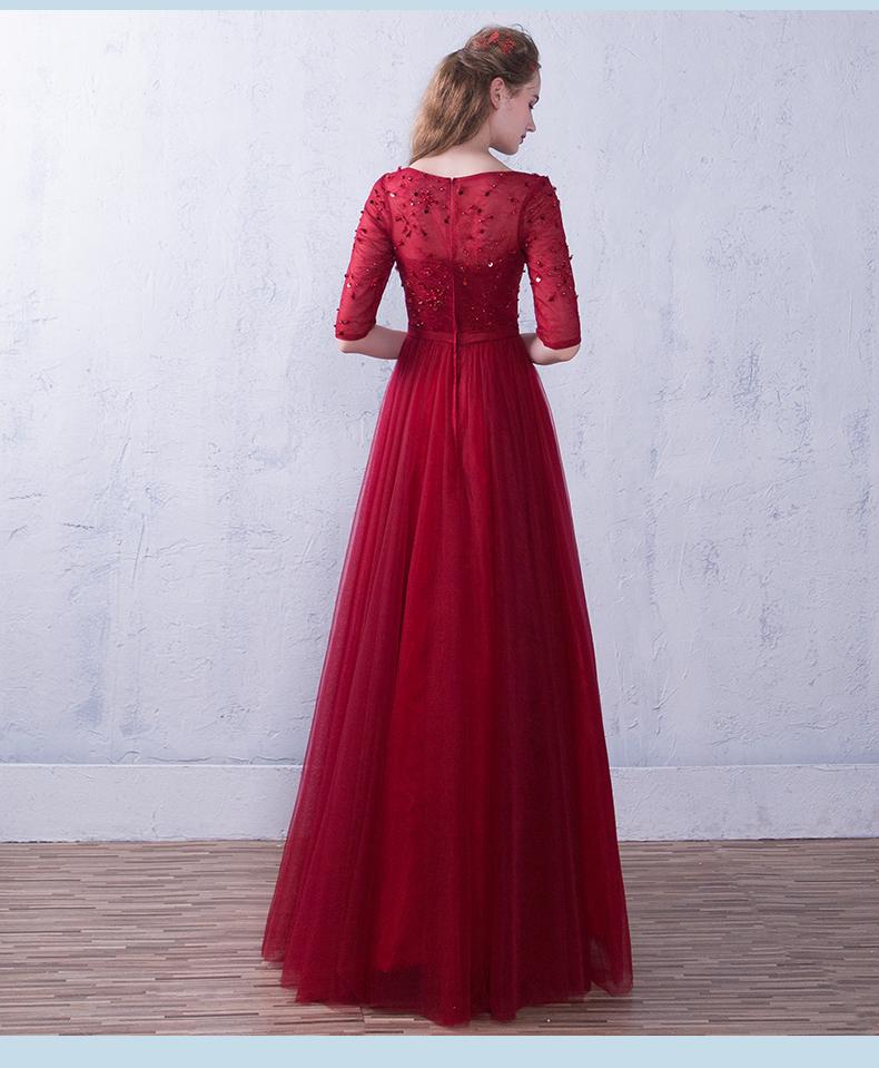 Wine Red Short Sleeves Beaded Tulle Wedding Party Dress, A-Line Tulle Long Prom Dress cg21919