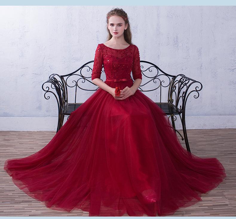 Wine Red Short Sleeves Beaded Tulle Wedding Party Dress, A-Line Tulle Long Prom Dress cg21919