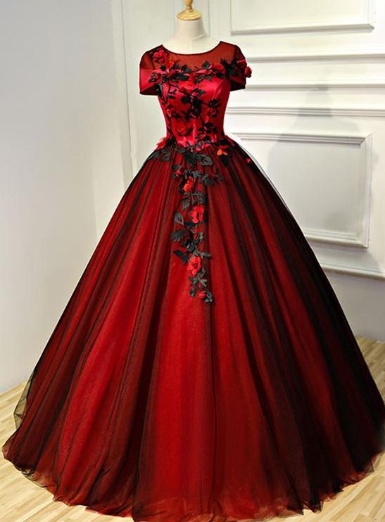 Red and Black Flowers Cap Sleeves Ball Gown Sweet 16 Dress, Princess Long Formal prom Dress cg21924