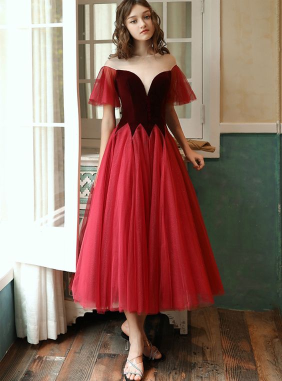 Burgundy Tulle Velvet See Through V-neck Tea Length Prom Dress cg21927
