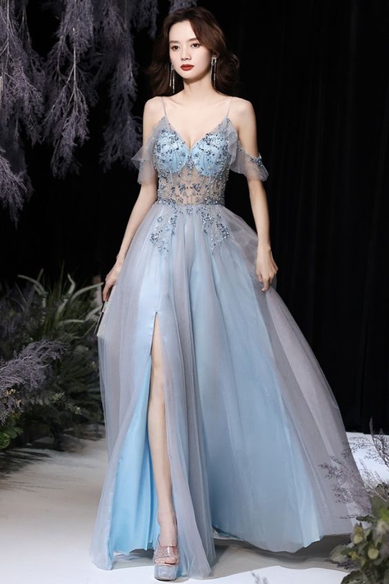 A-line blue tulle long formal prom dress with spaghetti straps and side slit cg21928