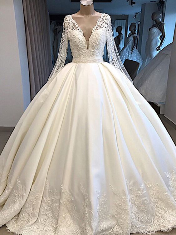 A Line Wedding Dress Ivory Satin Skirt Full Sleeve Bling Bling Plearls Bridal prom Dress cg21934
