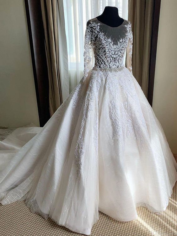 Lace Beaded Vintage Wedding Dresses Long Sleeves Sheer Neck Bridal Dresses Crystals Wedding Gowns Prom Dress cg21942