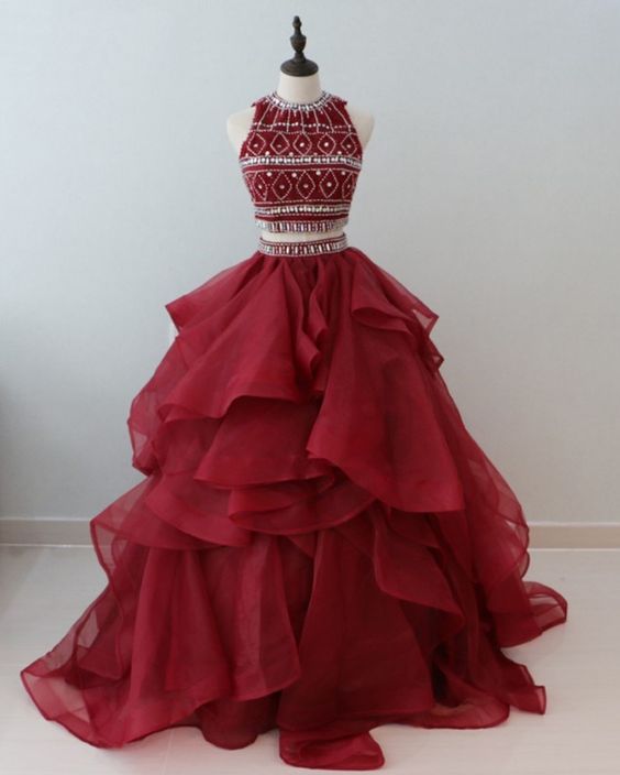 Burgundy Organza Crystal Ruffles 2 Pieces Quinceanera Dress, Sweet 16 Prom Dresses cg2196