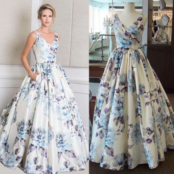 Printed Prom Dress, V Neck Prom Dress, Elegant Prom Dress, Pattern Prom Dress, Floor Length Prom Dress cg21967
