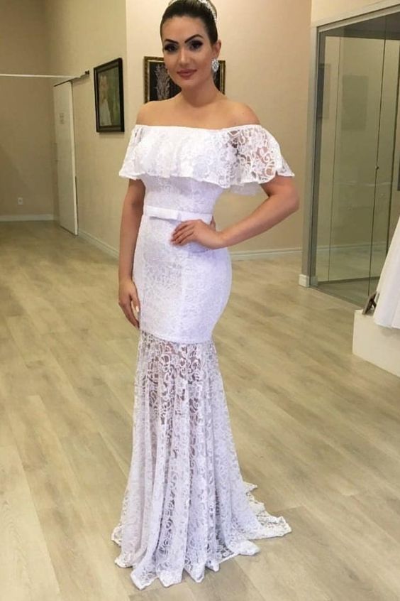 Lace Off-the-shoulder White Bridal Gown with Sheer Skirt Prom Dress cg21969