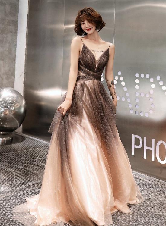 Unique Tulle V-Neckline Straps A-Line Gradient Party Dress, Tulle Long Evening Dress Prom Dress cg21975
