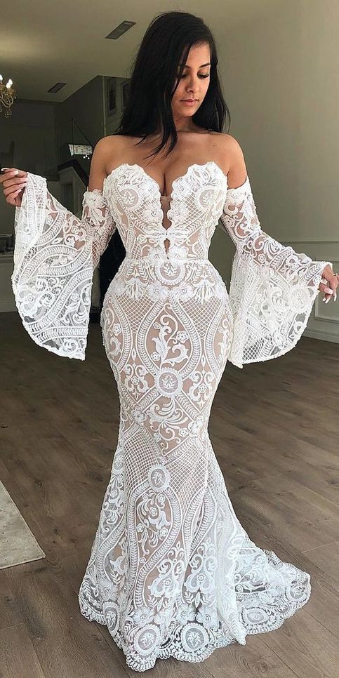 Sexy Mermaid White Lace Long Wedding Dress with Bell Sleeve Prom Dress cg21993