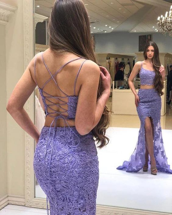 Elegant Two Pieces Mermaid Lilac Lace Slit Long Prom Dresses, Formal cg21998