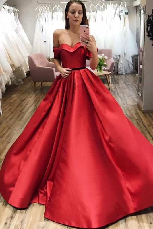 Red Ball Gown Off the Shoulder V Neck Satin Prom Dresses cg21999