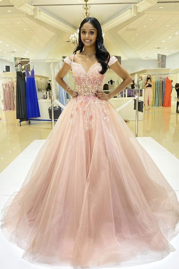 Pink tulle lace long A line prom dress pink evening dress cg22012
