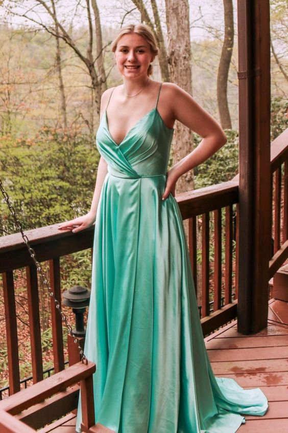 simple A-line green long prom dress with spaghetti straps and wrap front cg22021