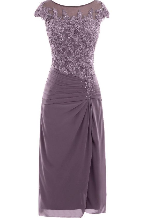 knee length mauve tight chiffon mother of the bride/prom dress with cap sleeves cg22022