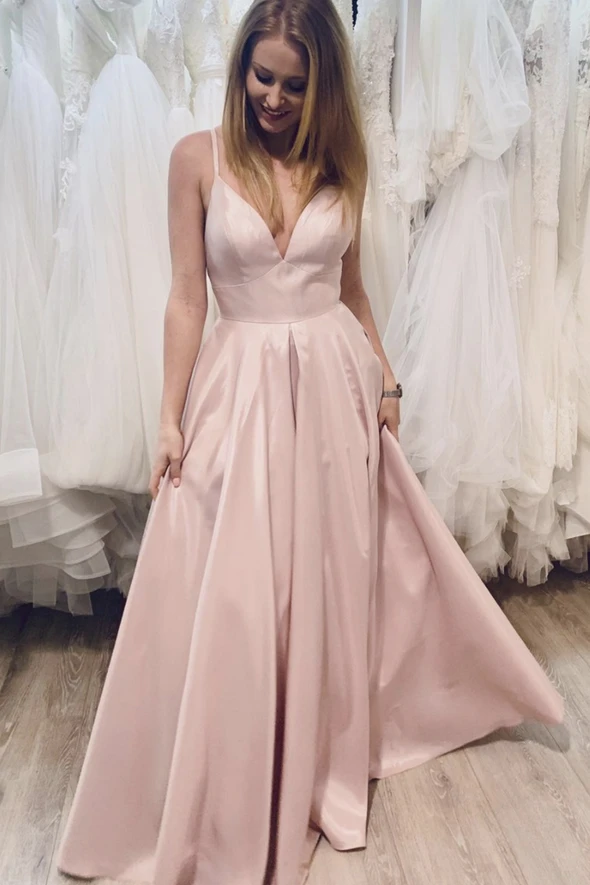Pink v neck satin long A line prom dress evening dress cg22027