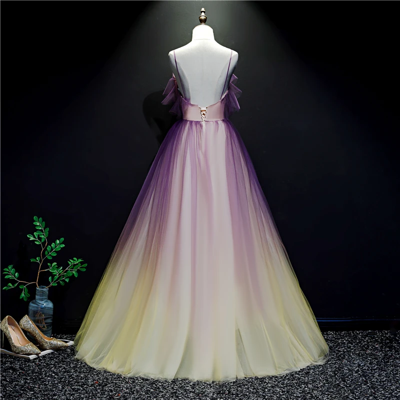 Purple And Yellow Gradient V-Neckline Straps Tulle Evening Gown, Long Prom Dress Party Dress cg22030