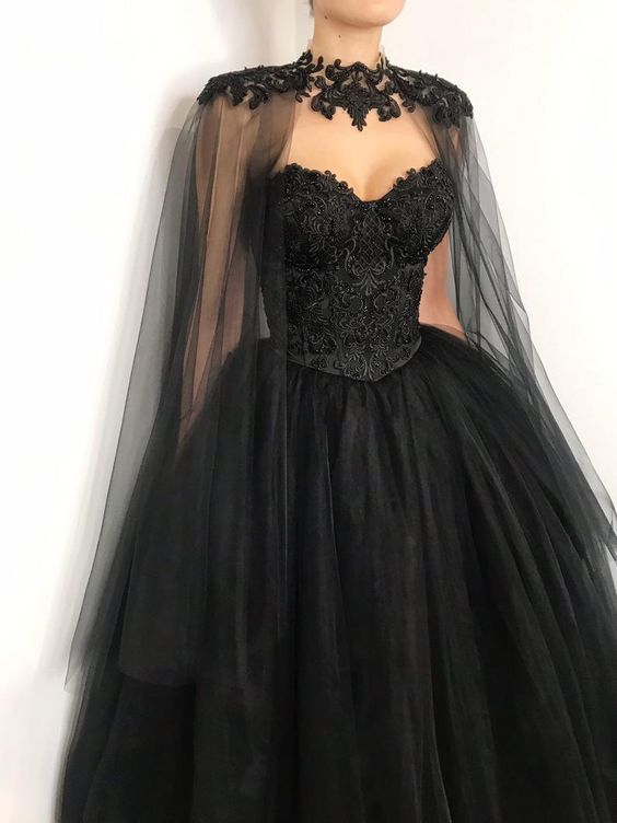 corset lace wedding dress with cape, heavy beading fantasy gown, black tulle wedding prom dress cg22036