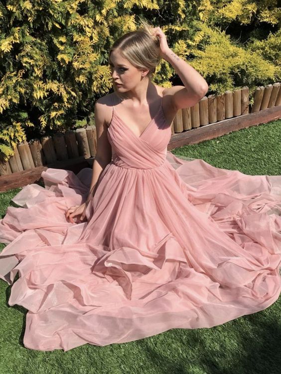 V Neck Pink Long Prom Dresses, Pink Long Formal Evening Dresses cg22045