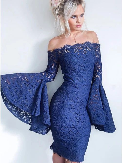 Off the Shoulder Lace Sheath Party Dress with Bell Sleeves Prom Dresses cg22048