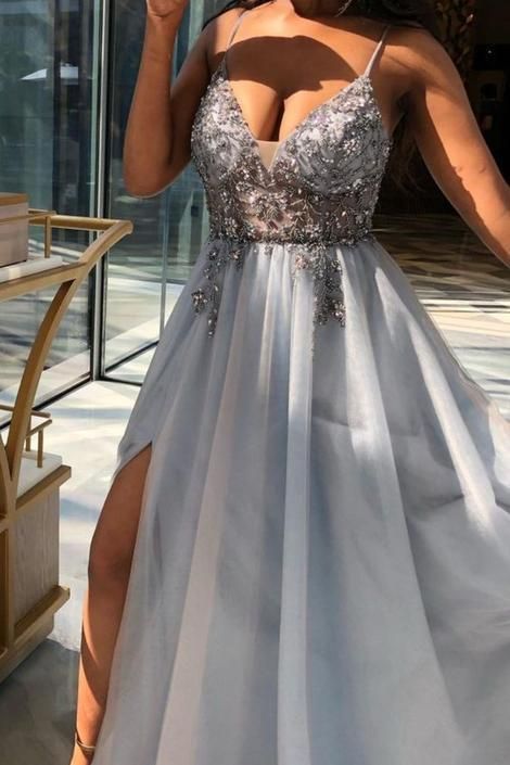 side slit sexy dusty blue formal prom dress cg22056