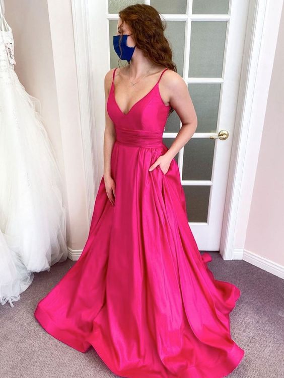 Simple pink v neck satin long prom dress pink formal dress cg22059