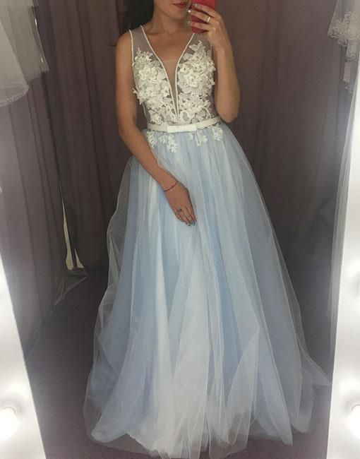 Light blue tulle lace long prom dress, blue evening dress cg22060