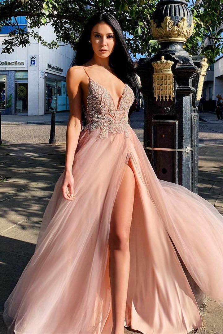 Sexy Straps Beaded Pink Formal prom Dress with Slit cg22061