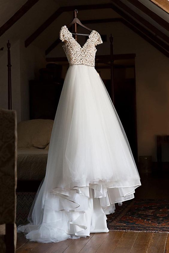 Cap Sleeve Appliques Lace Tulle Wedding Dress, Formal Bridal Gowns prom dress cg22065