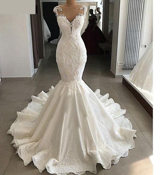 Satin Mermaid Wedding Dress with Sheer Back, Beading and Lace prom dress cg22068