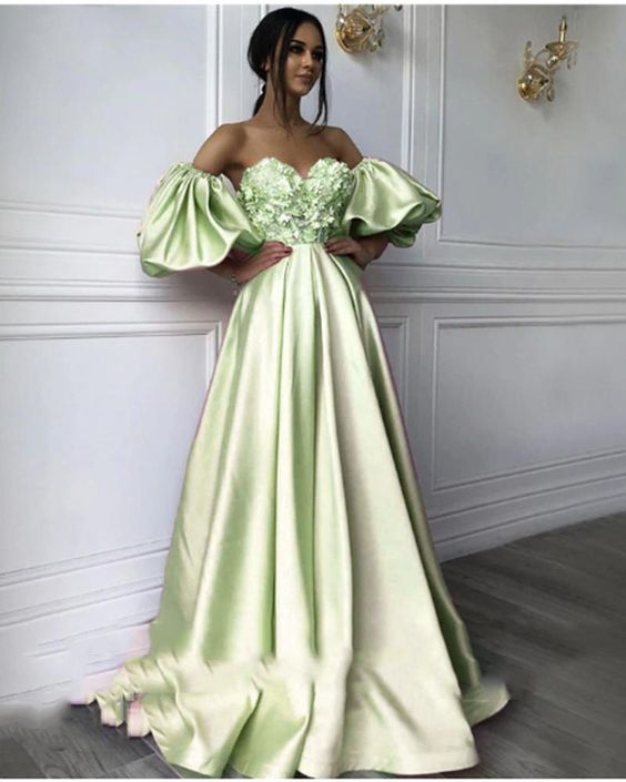 Mint Green Puffy Sleeves Satin Flowers Sweetheart A Line Long Prom Dresses for Girls cg22071