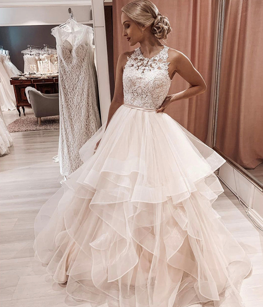 Jewel Neck Lace Tulle Modern Wedding Dresses Ball Gown with Sash Bodice Prom Dress cg22092