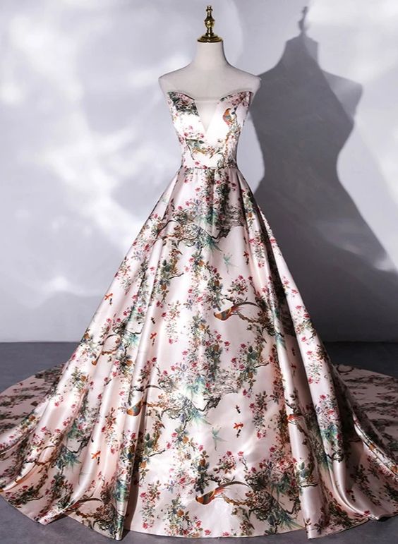 Pink Satin Ball Gown Floral V-neckline Long Formal Dress, Pink Long Evening Dress Prom Dress cg22093