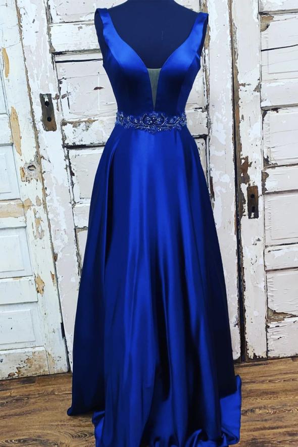 Blue satin long A line prom dress evening dress cg22095