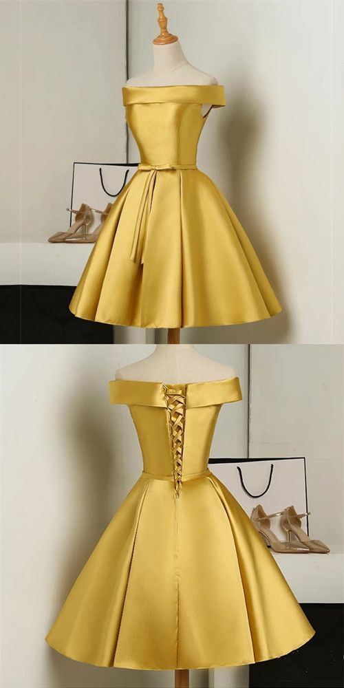 Gold Short Party Dress, Simple Off Shoulder Homecoming Dress cg221