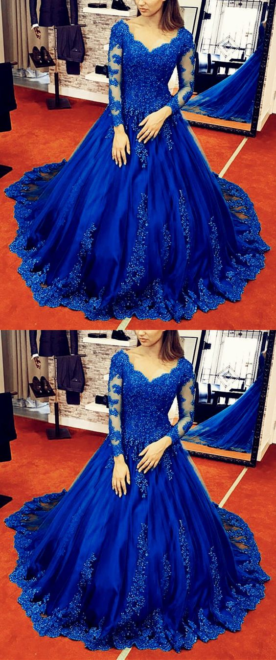 Stunning Royal Blue Lace Long Sleeves Ball Gown Prom Dresses For Wedding Party cg22104