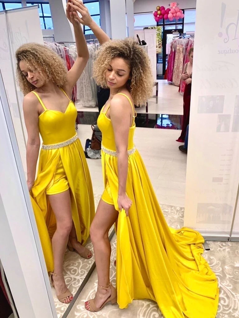 A Line Open Back Yellow Long Prom Dresses with Belt, High Slit Yellow Formal Dresses, Yellow Evening Dresses cg22112