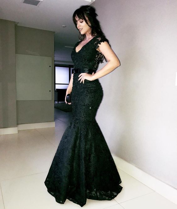 Sheer Back Mermaid Evening Dress With Cap Sleeves,Beads Detailed Lace Long Prom Gown cg22114